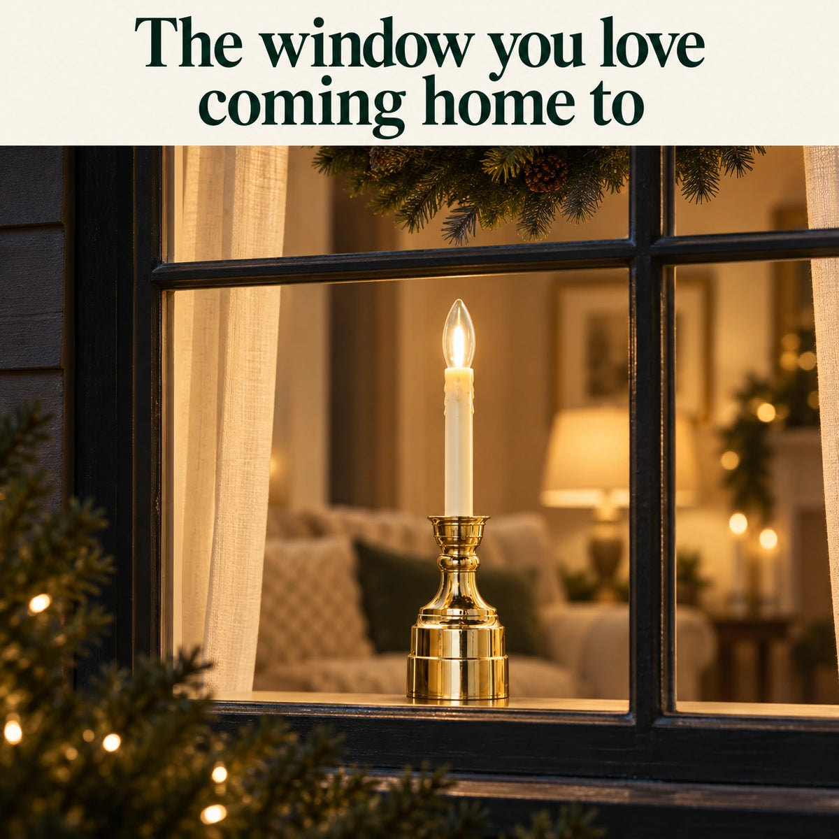 Glowtidings gold-base Christmas window candle — main use