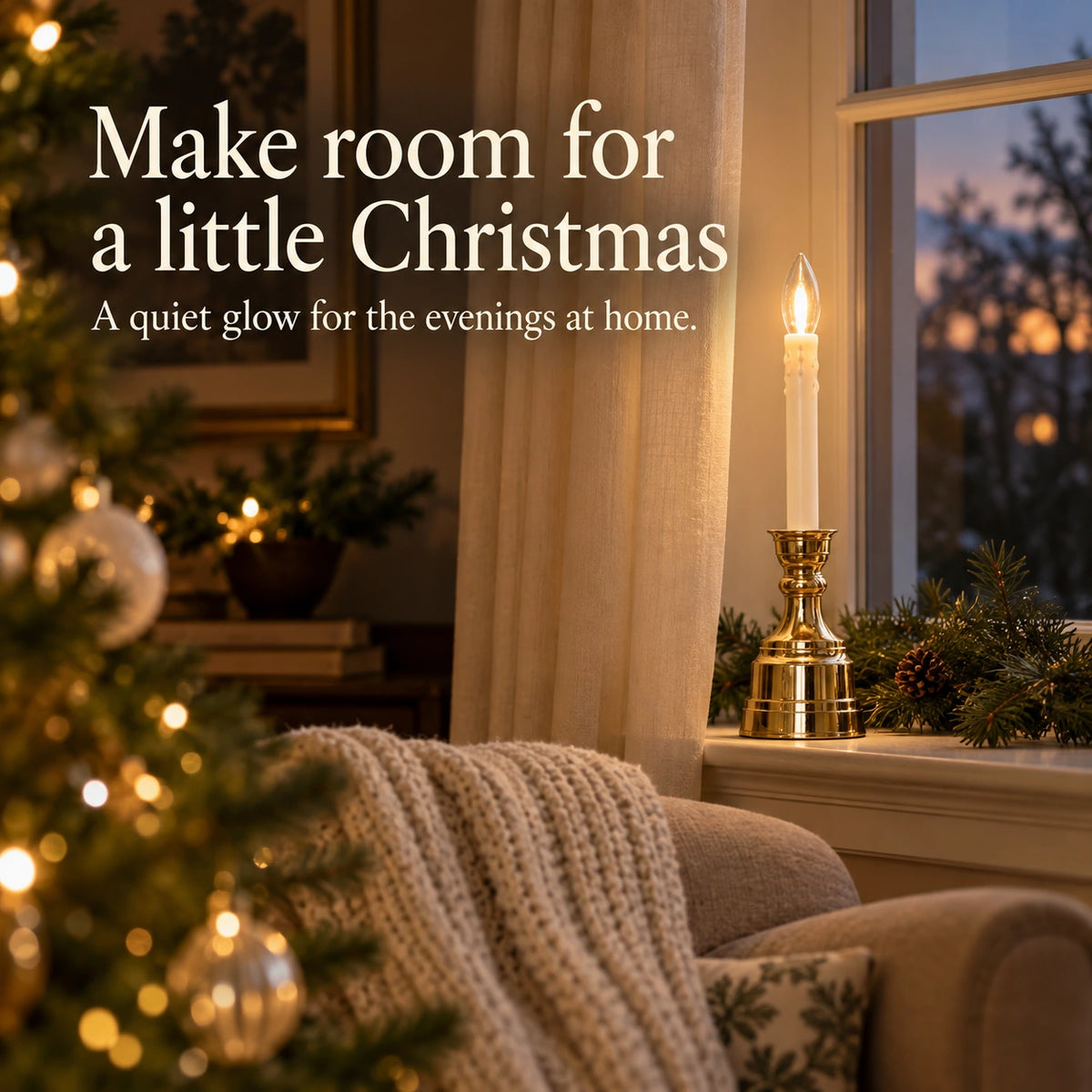 Glowtidings gold-base Christmas window candle — evening