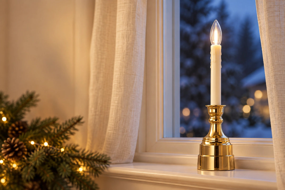 Gold Glowtidings LED candle on an indoor windowsill at dusk
