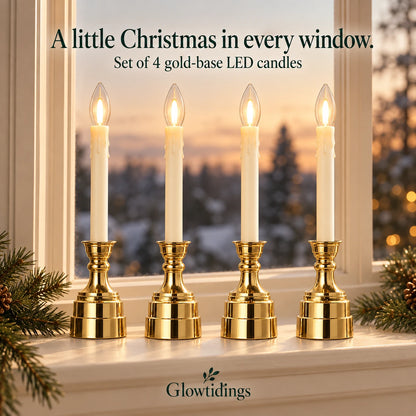 Set of four gold-base ivory LED window candles — styled product illustration
