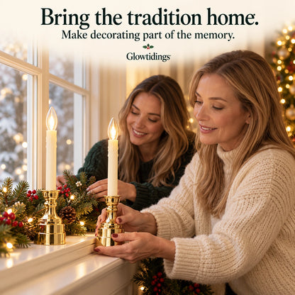 Two adults decorating a windowsill with gold-base LED candles — lifestyle illustration