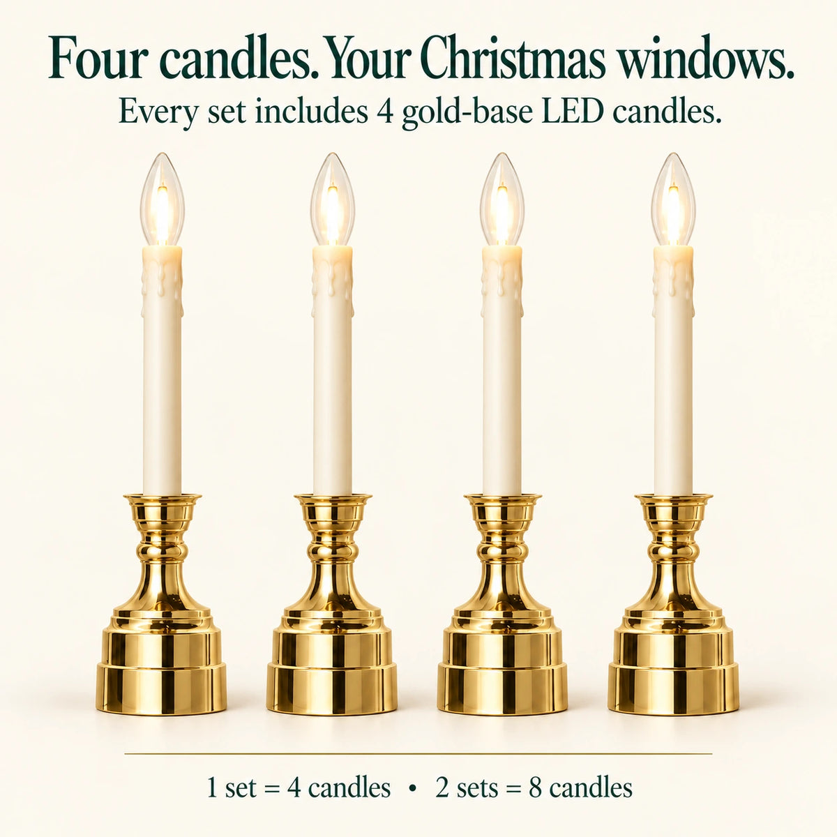 Contents illustration: one set includes four gold-base LED candles; two sets contain eight