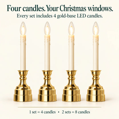 Contents illustration: one set includes four gold-base LED candles; two sets contain eight